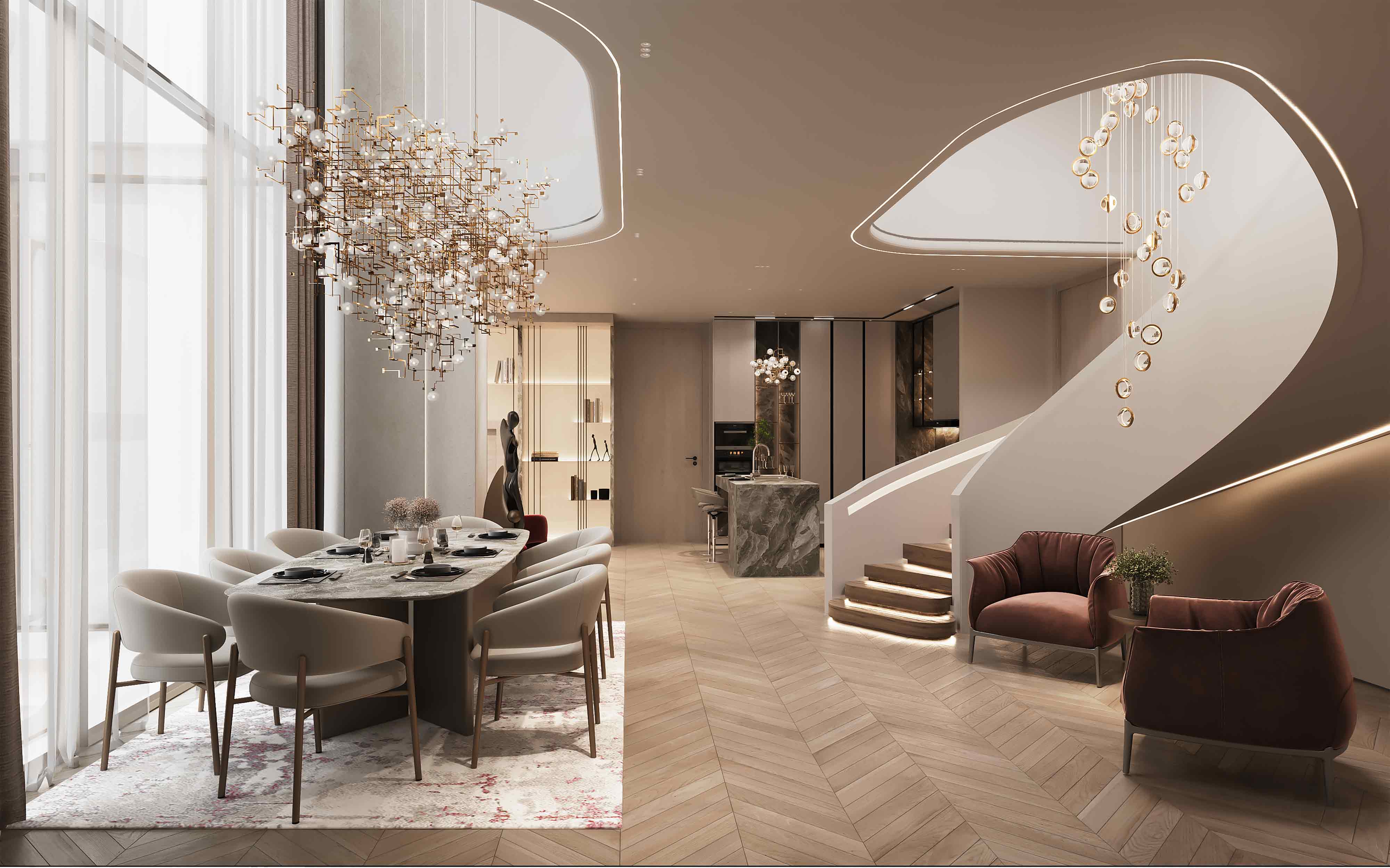 The Symphony By Imtiaz A modern interior featuring a dining area with chairs, elegant lighting, and a staircase in a stylish setting.
